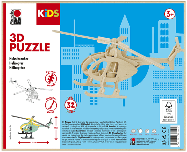 Marabu MARA 3D puzzle dřevěné helikoptéra pohled zepředu