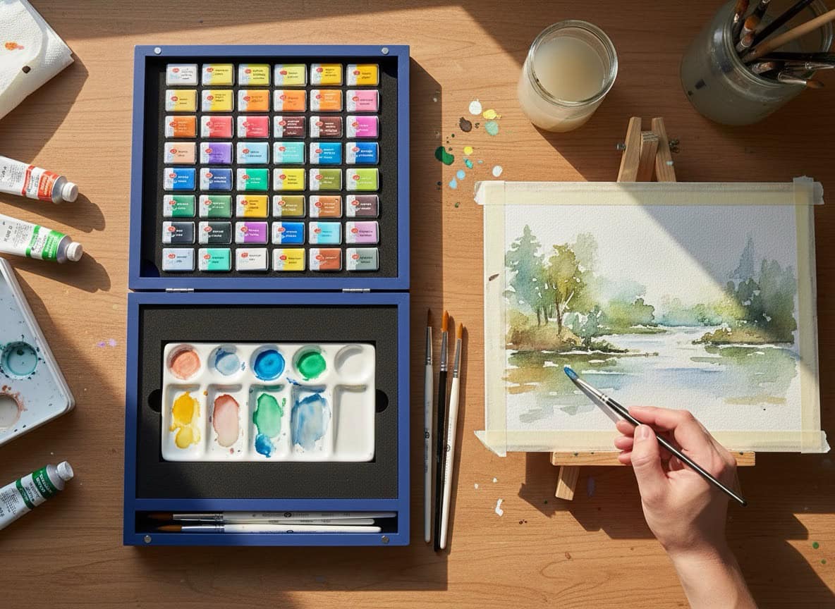 Modrá dřevěná kazeta White Nights s akvarely zblízka