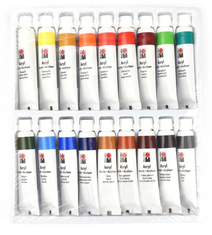 Detail tubičky Marabu akrylové barvy základní odstíny