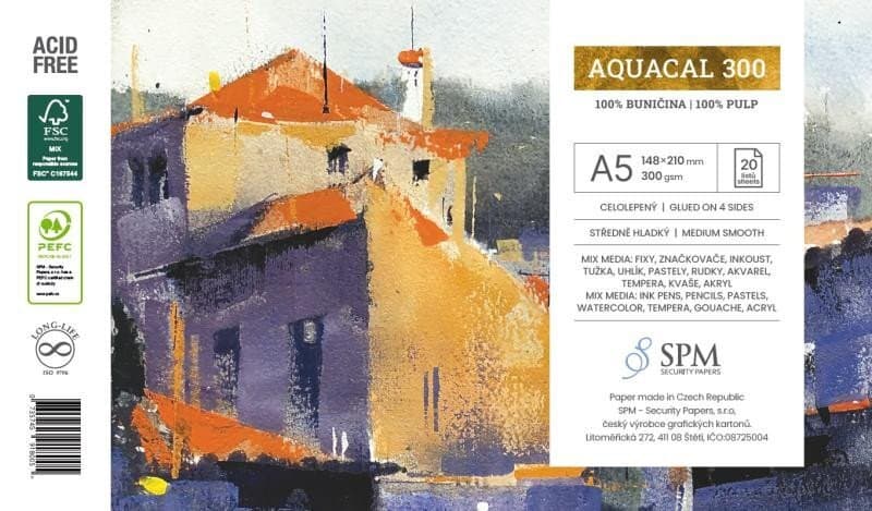 SPM Aquacal 300 akvarelový blok A5 300g/m² lepený