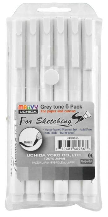 Marvy 4600B-6A štětcové fixy pro kreslení 6ks šedé