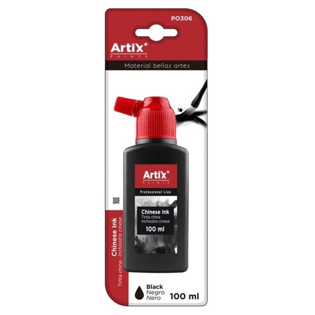 Detail lahvičky černé čínské tuše Artix 100 ml