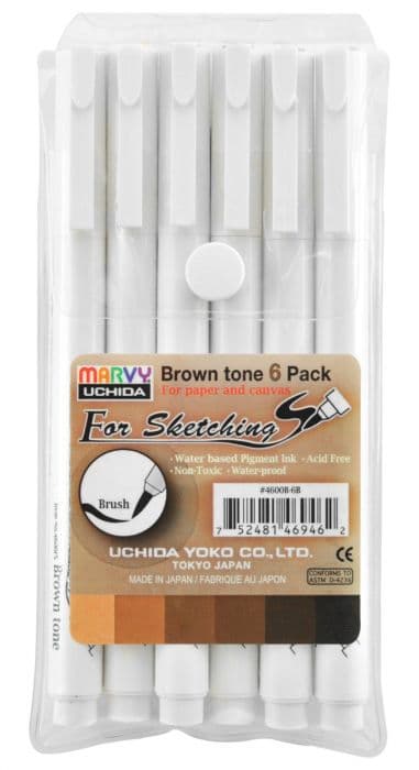 Marvy 4600B-6B sada 6 hnědých brush pen fixů