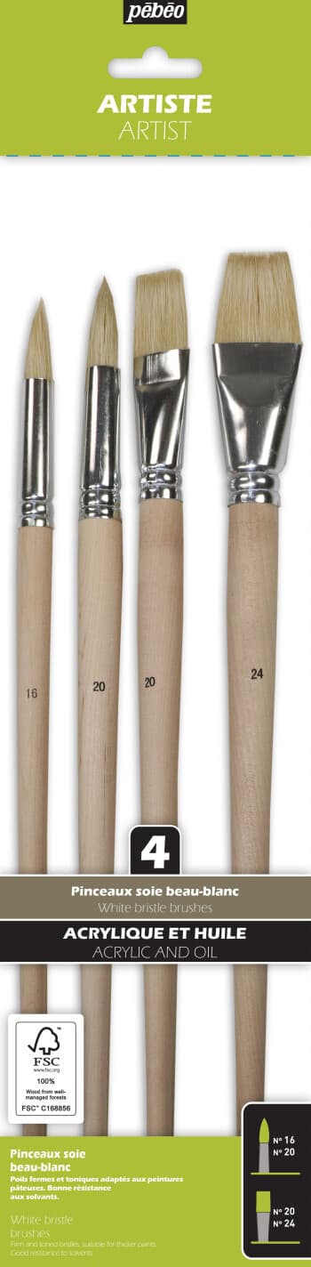 Pébéo White Bristle sada 4 štětců dlouhé kulaté ploché