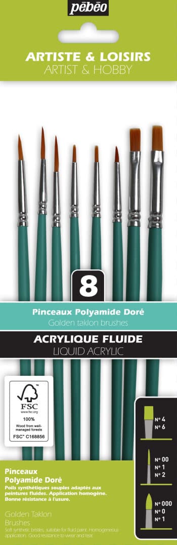 Pébéo sada 8 krátkých štětců zlatý taklon malování