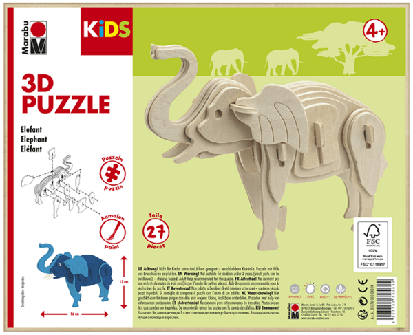 Marabu MARA 3D dřevěné puzzle slon čelní pohled