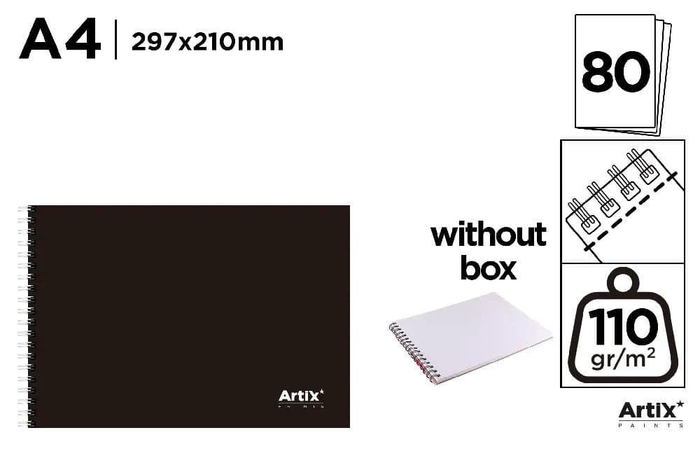ARTIX kreslicí blok A4 – černé desky PP, 110 g/m² | drawing pad A4, skicák, kreslicí papír 110g, blok na kreslení, výtvarné potřeby, ARTIX