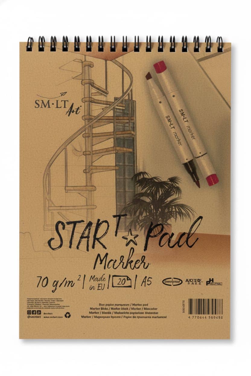 Spiral START Marker Pad A5, 70 g/m², 30 listů, FSC marker blok na fixy gelová pera skicování kreslení hladký papír coated jednostranný bleedproof acid-free pH-neutral spirála nahoře tvrdá záda