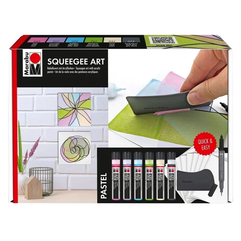 Marabu Acryl Color – set pro tažení barvy stěrkou Pastel 6×25 ml | akrylové barvy | pastelové | krycí | vodou ředitelné | rychleschnoucí | voděodolné | světlostálé | stěrka | akrylový papír | FSC Mix