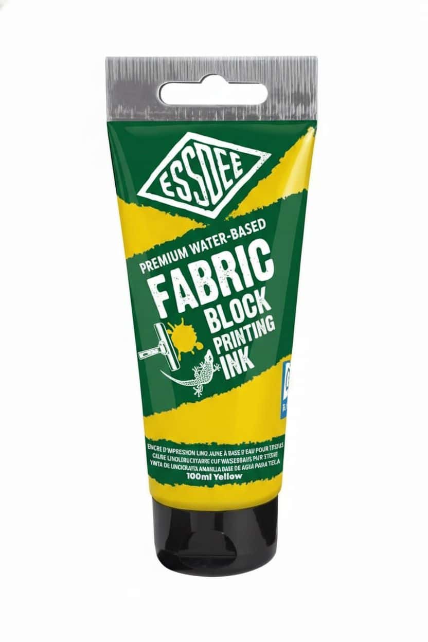Essdee textilní barva na linoryt 100 ml žlutá, fabric printing ink, linoryt na textil, tisk na bavlnu, vodní báze, fixace žehlením