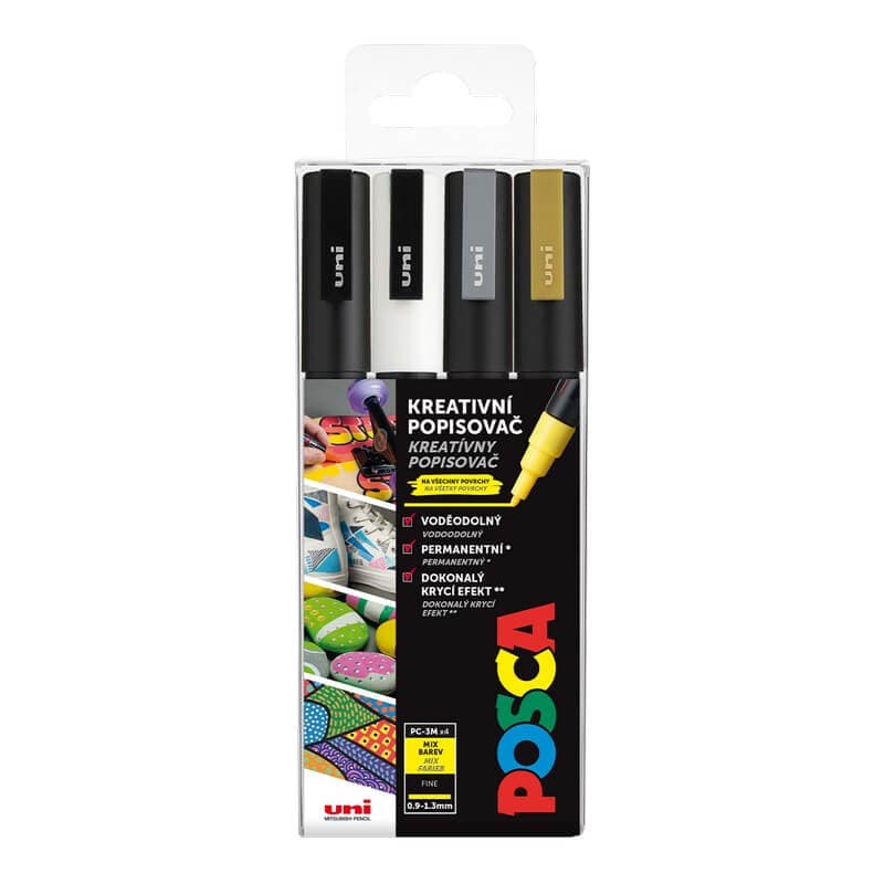 Uni Posca PC-3M sada 4 akrylových popisovačů bílá černá zlatá stříbrná