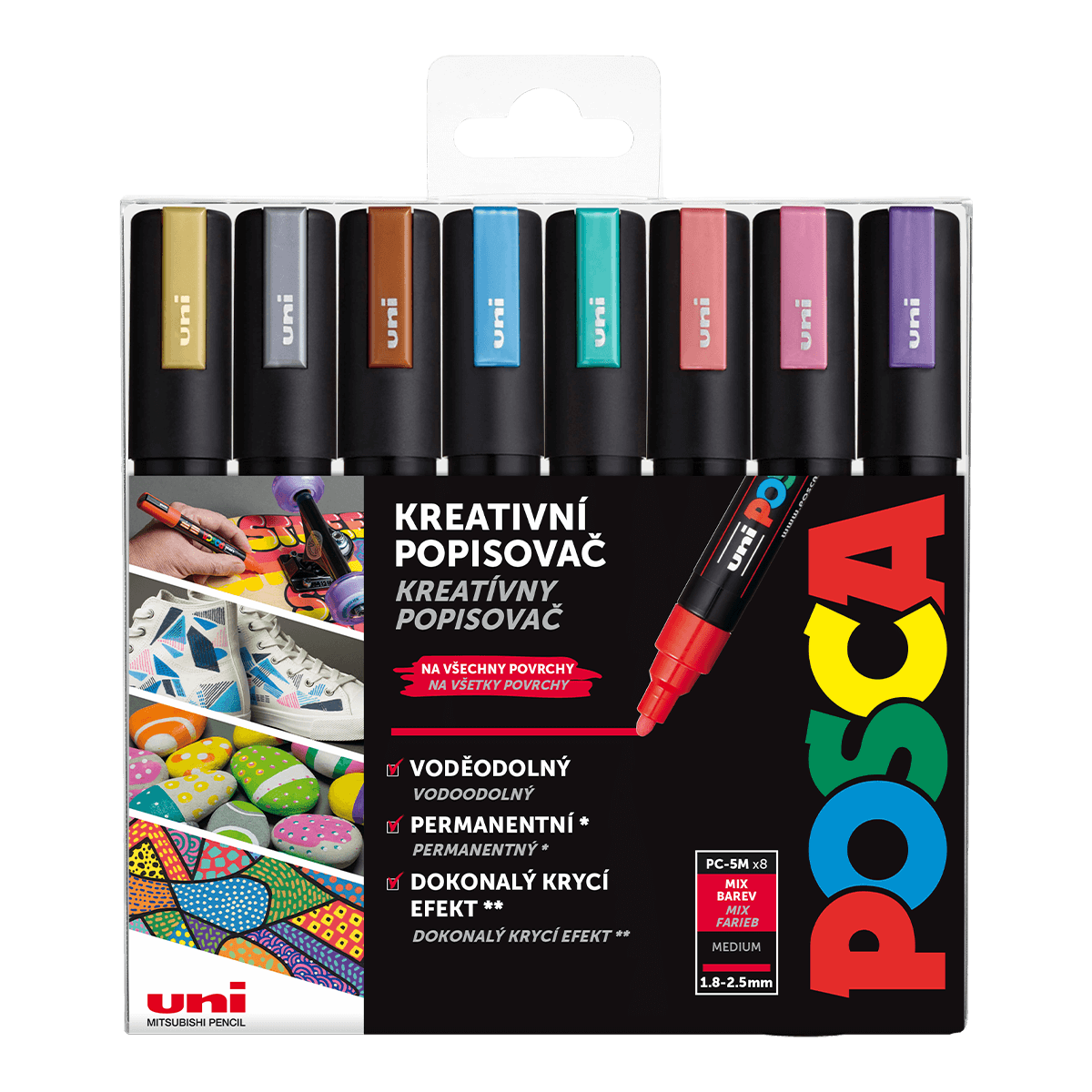 Uni Posca PC-5M metalické akrylové popisovače sada 8 barev