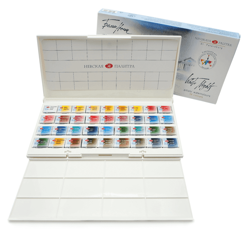 Nevskaya Palitra White Nights akvarelové barvy 36 barev kazeta
