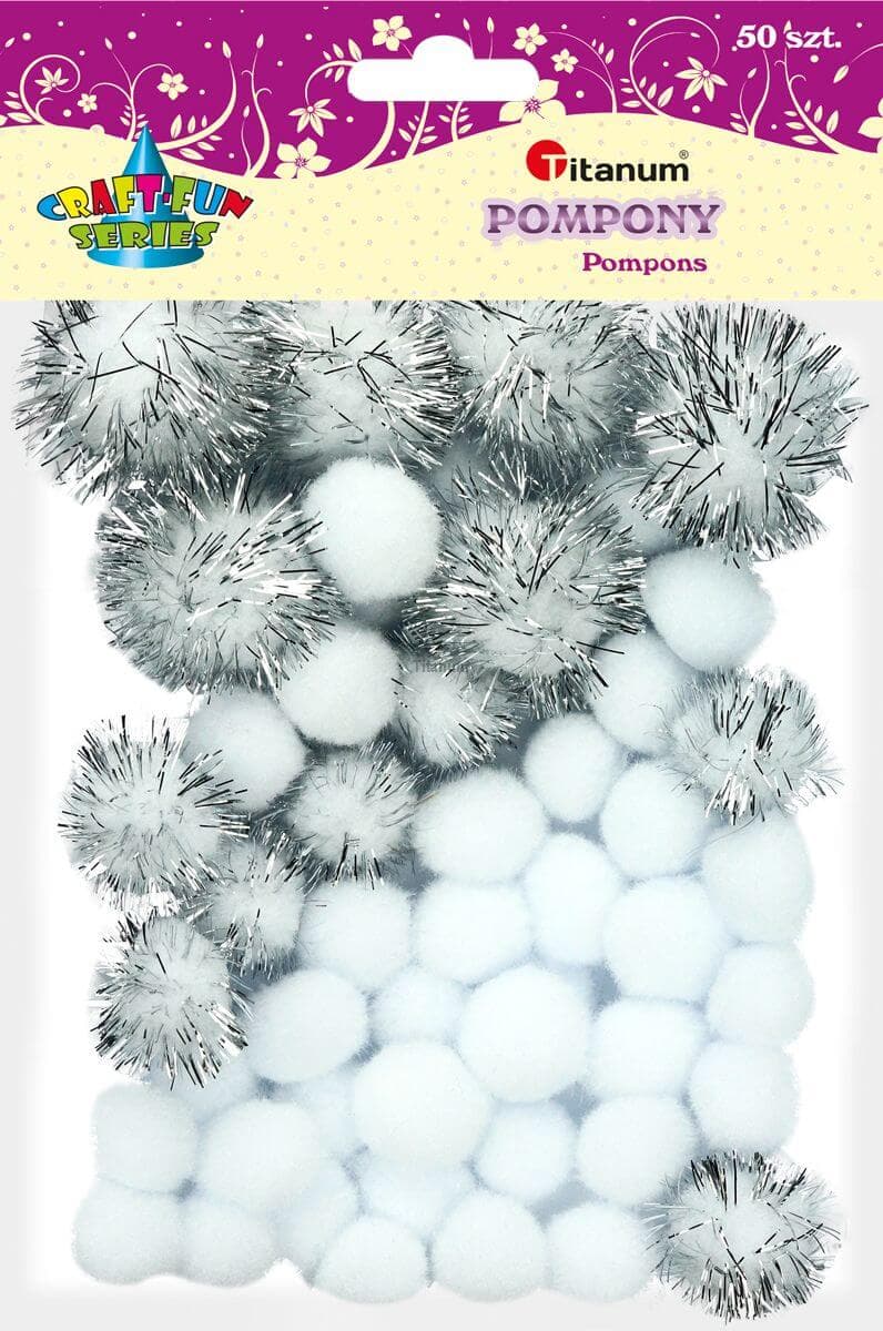 Bambulky pompom Titanum mix bílé stříbrné 50 kusů