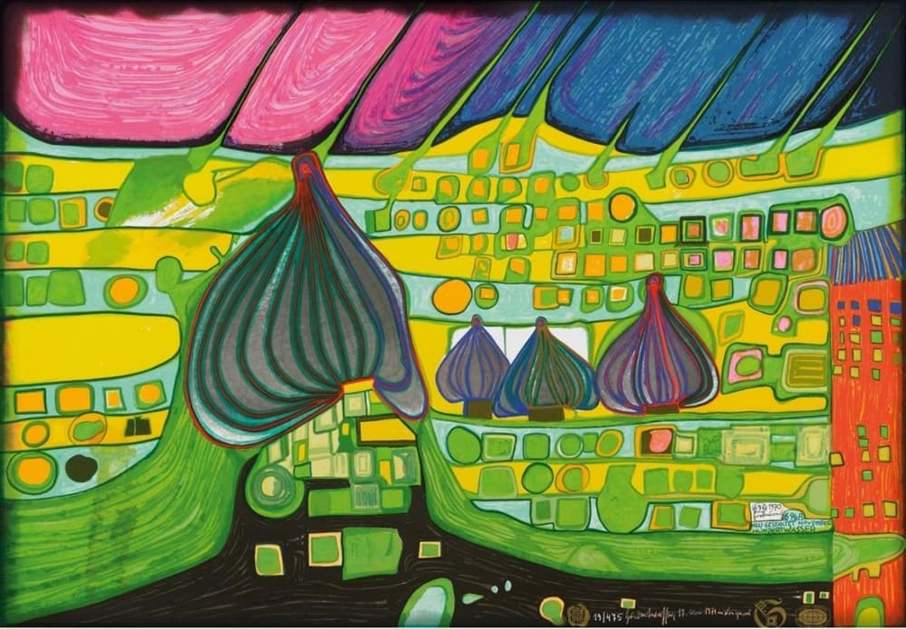 Dárkový balící papír Hundertwasser Land in Gelb arch 50x70 cm