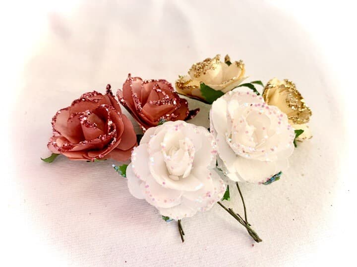 Dřevěné dekorativní růže s glitry vánoční sada 6 kusů