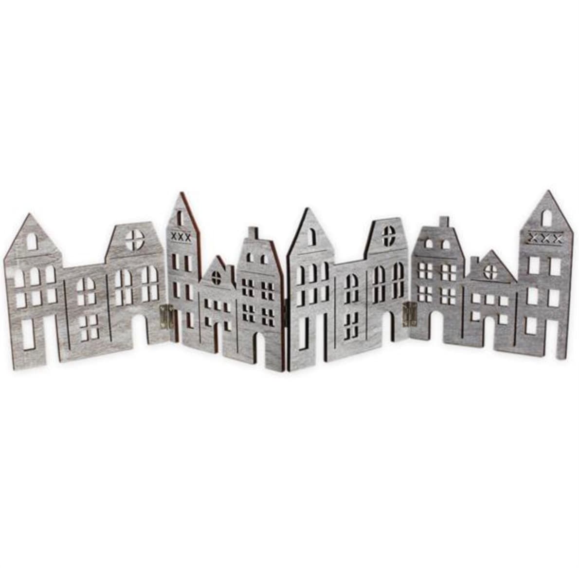 Dřevěné leporelo domečky šedé dekorace 60 cm čtyři části