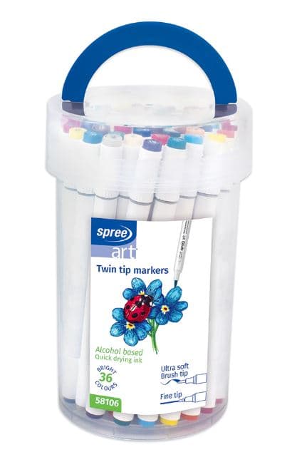Spree Art oboustranné alkoholové fixy sada 36 kusů plastová dóza