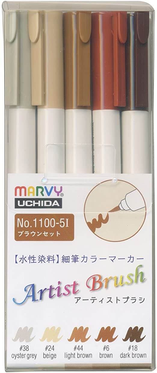 Marvy Artist Brush sada 5ks hnědé štětcové fixy