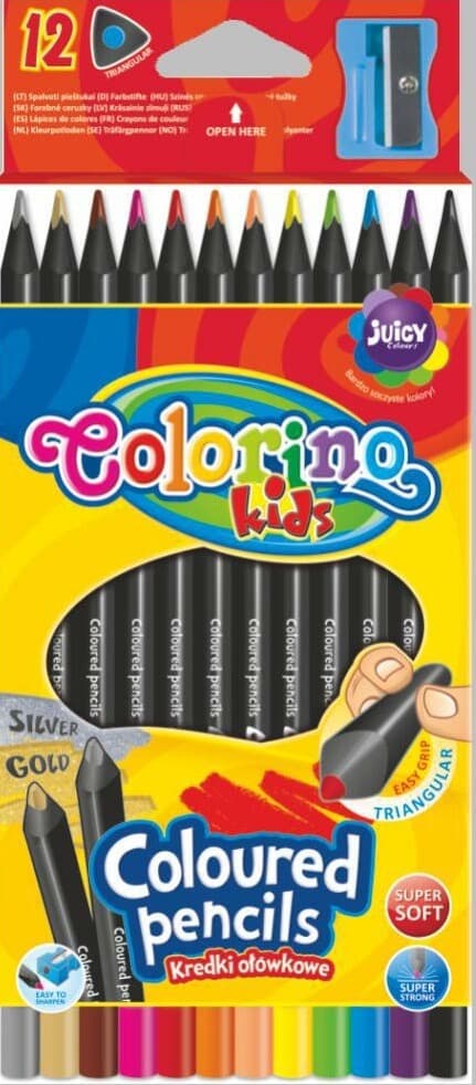 Colorino trojhranné pastelky 12 barev s ořezávátkem černé dřevo