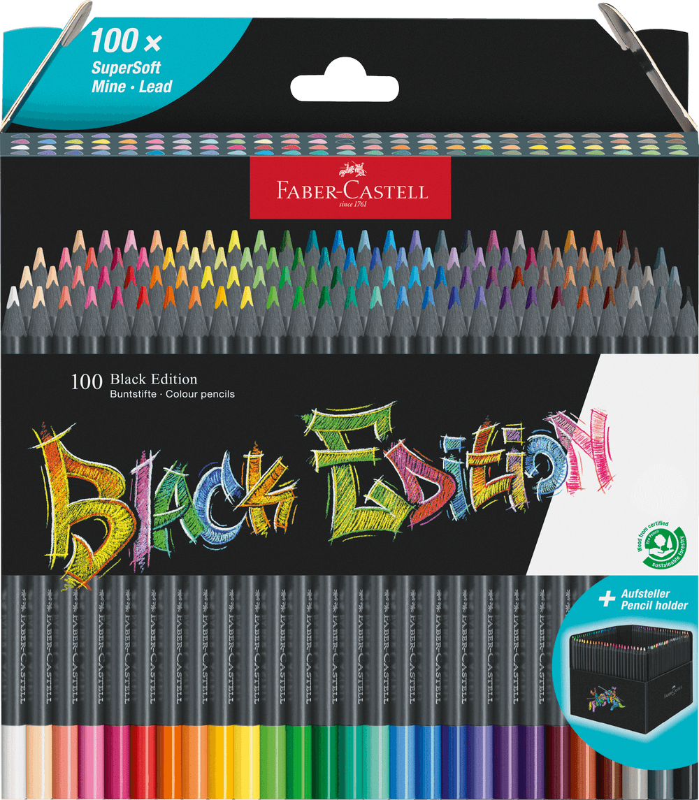 Faber-Castell Black Edition sada 100 trojhranných pastelek černé dřevo