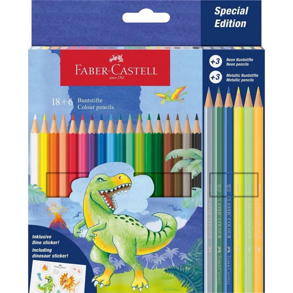 Faber-Castell šestihranné pastelky Dinosaurus sada 24 barev se samolepkami