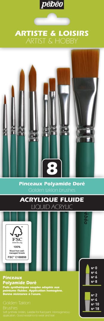 Pébéo sada 8 štětců zlatý taklon krátké ploché kulaté