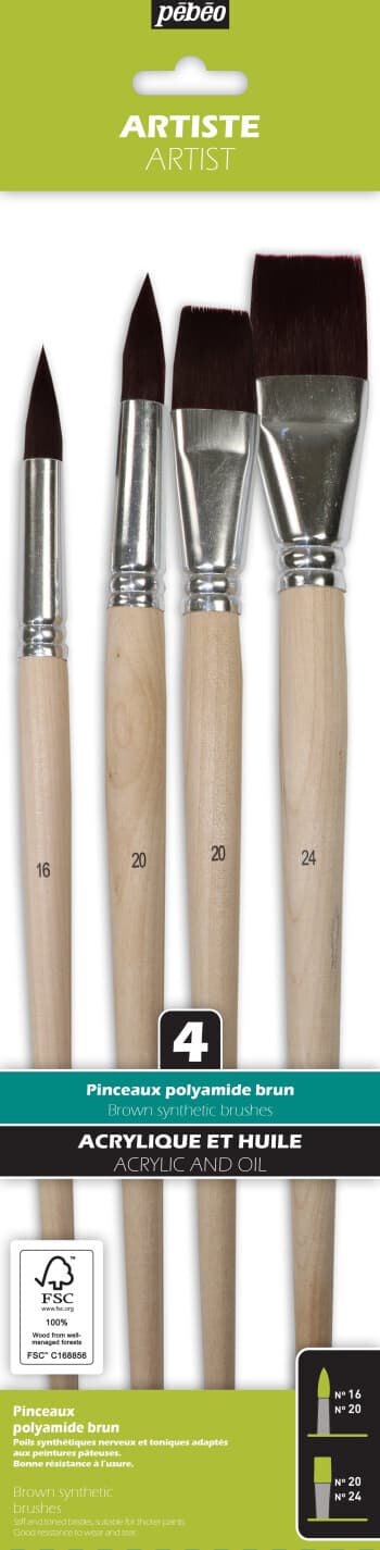 Pébéo sada 4 štětců dlouhé kulaté a ploché polyamid