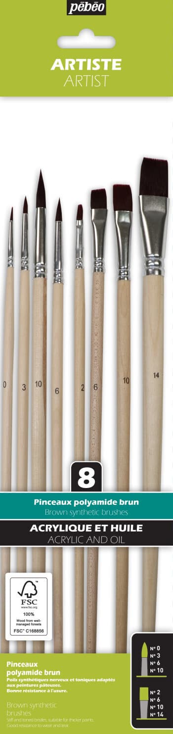 Pébéo sada 8 štětců dlouhé kulaté a ploché polyamid