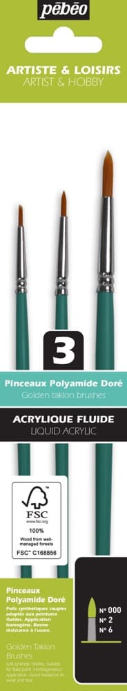 Pébéo sada 3 krátkých kulatých štětců zlatý taklon