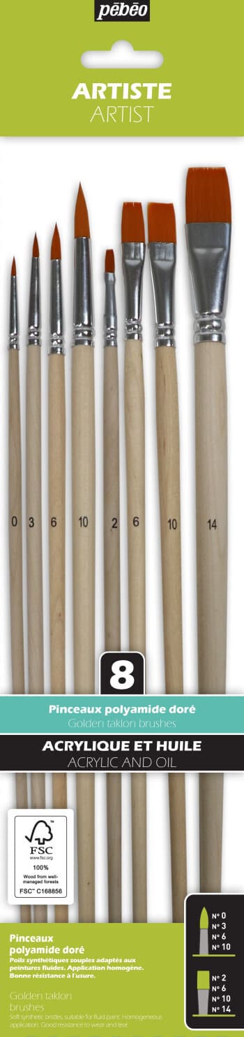 Pébéo sada 8 štětců Yellow Polyamide kulaté ploché dlouhé