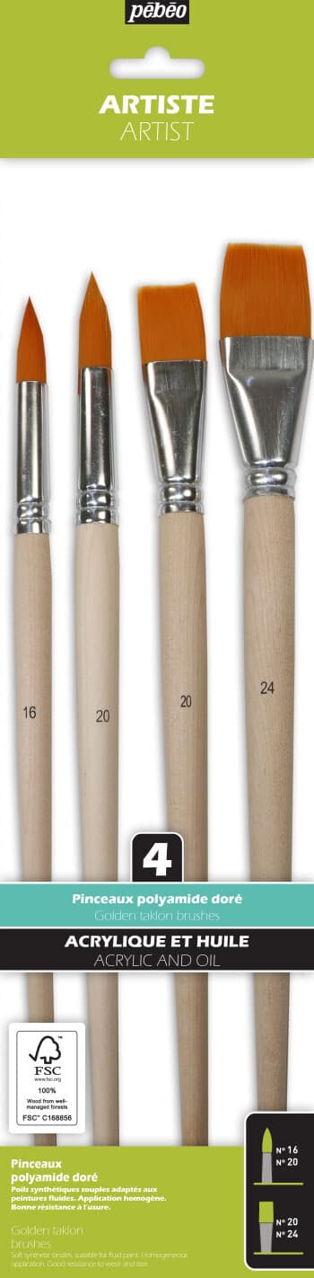 Pébéo sada 4 štětců Yellow Polyamide kulaté ploché dlouhé