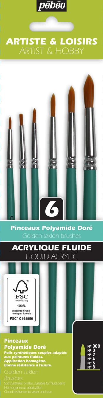 Pébéo sada 6 krátkých kulatých štětců zlatý taklon