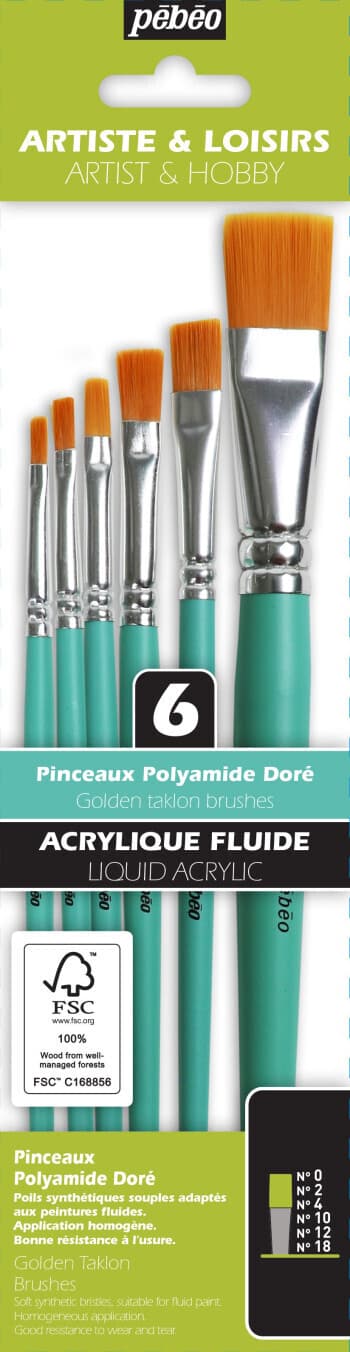 Pébéo sada 6 krátkých plochých štětců zlatý taklon