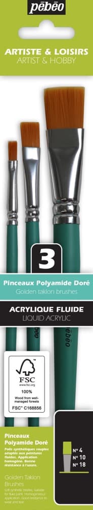 Pébéo sada 3 krátkých plochých štětců zlatý taklon