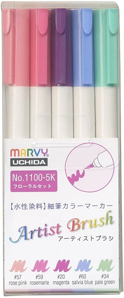 Marvy Artist Brush fixy se štětcovým hrotem FLORAL sada 5ks