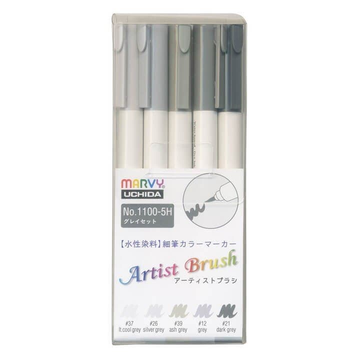 Marvy Artist Brush fixy se štětcovým hrotem sada 5ks šedé