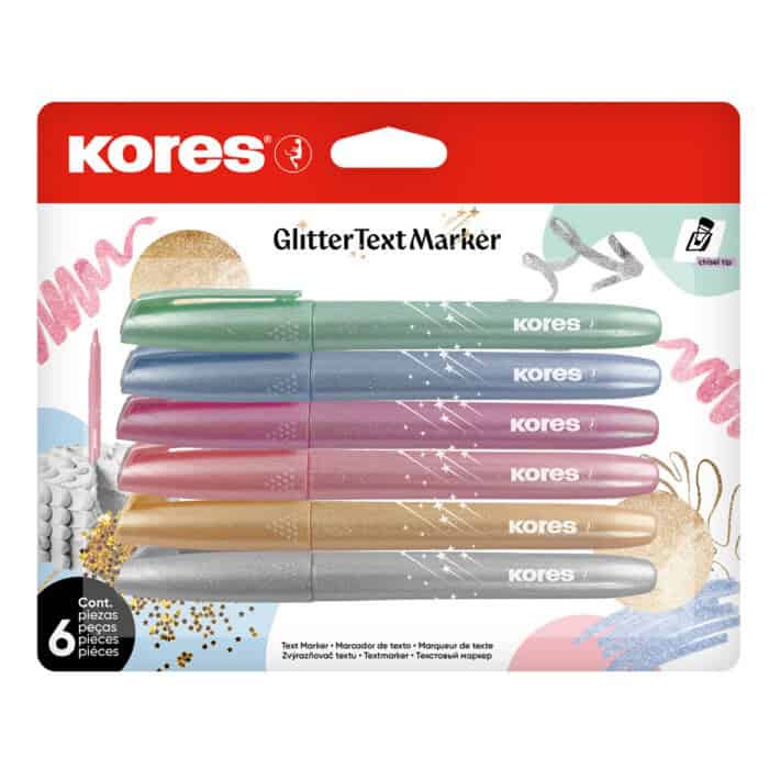 Kores Glitter Text Markers sada 6 barev, čelní pohled