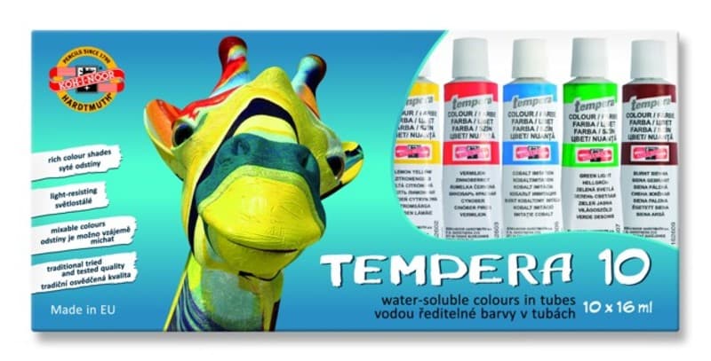 Sada temper Koh-i-Noor 10 tub po 16 ml, vodou ředitelné barvy pro srovnání s akrylem